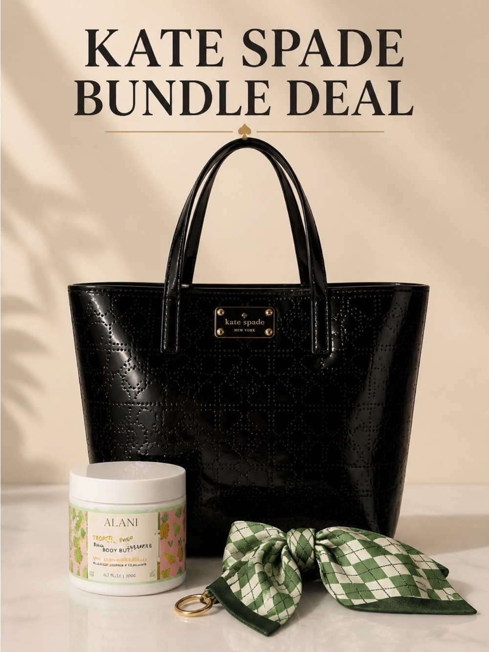 kate spade Black Patent Tote with Embossed Logo Pattern & key charm@ body butter